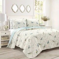 Lush Décor 3pc Botanical Bird And Flower Oversized Reversible Quilt Set White/Blue/Yellow -Lush Decor GUEST 32b47f22 5c17 41f3 a367 afe6413b5a6b