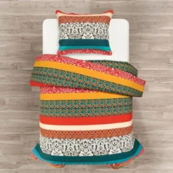 Lush Décor Boho Stripe Reversible Cotton Duvet Cover Set Turquoise/Tangerine