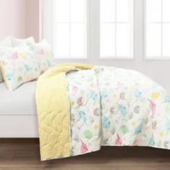 3pc Full/Queen Kids' Magical Narwhal Reversible Oversized Quilt Set White - Lush Décor: Kids Bedding, OEKO-TEX Certified