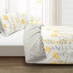 3pc Aprile Cotton Duvet Cover Set Yellow/Gray - Lush Décor