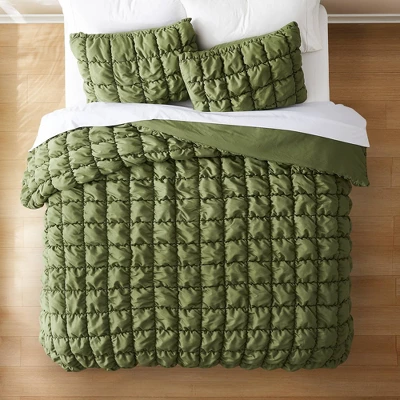 Lush Decor Full/Queen Puff Bed Blankets Green 3pc Set 2 Lush Decor Full/Queen Puff Bed Blankets Green 3pc Set - Image 2